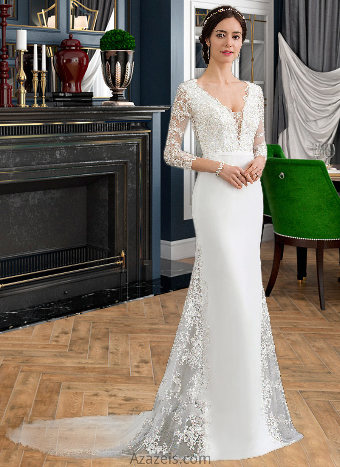 Yadira Trumpet/Mermaid V-neck Chapel Train Chiffon Wedding Dress With Beading Sequins DFP0013795