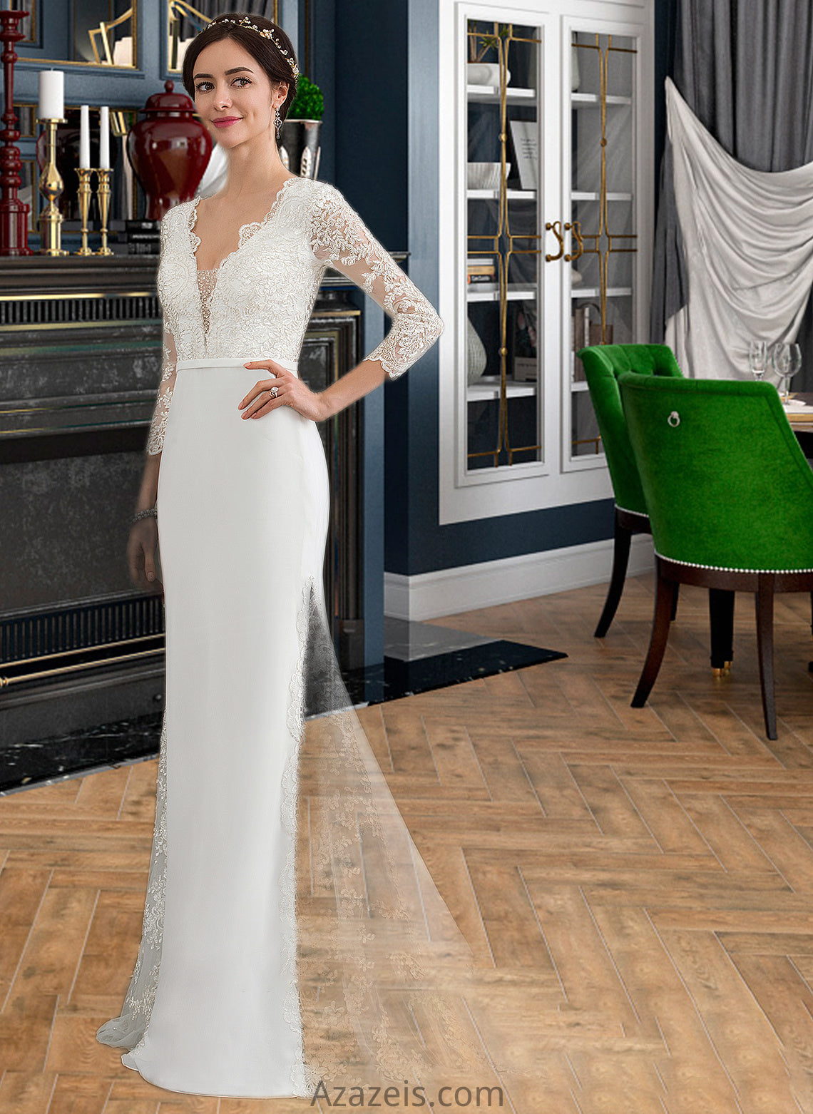 Yadira Trumpet/Mermaid V-neck Chapel Train Chiffon Wedding Dress With Beading Sequins DFP0013795