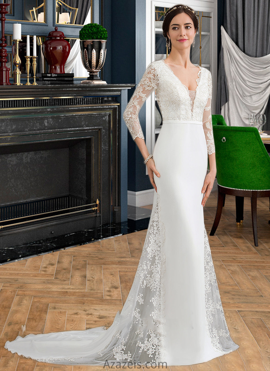 Yadira Trumpet/Mermaid V-neck Chapel Train Chiffon Wedding Dress With Beading Sequins DFP0013795