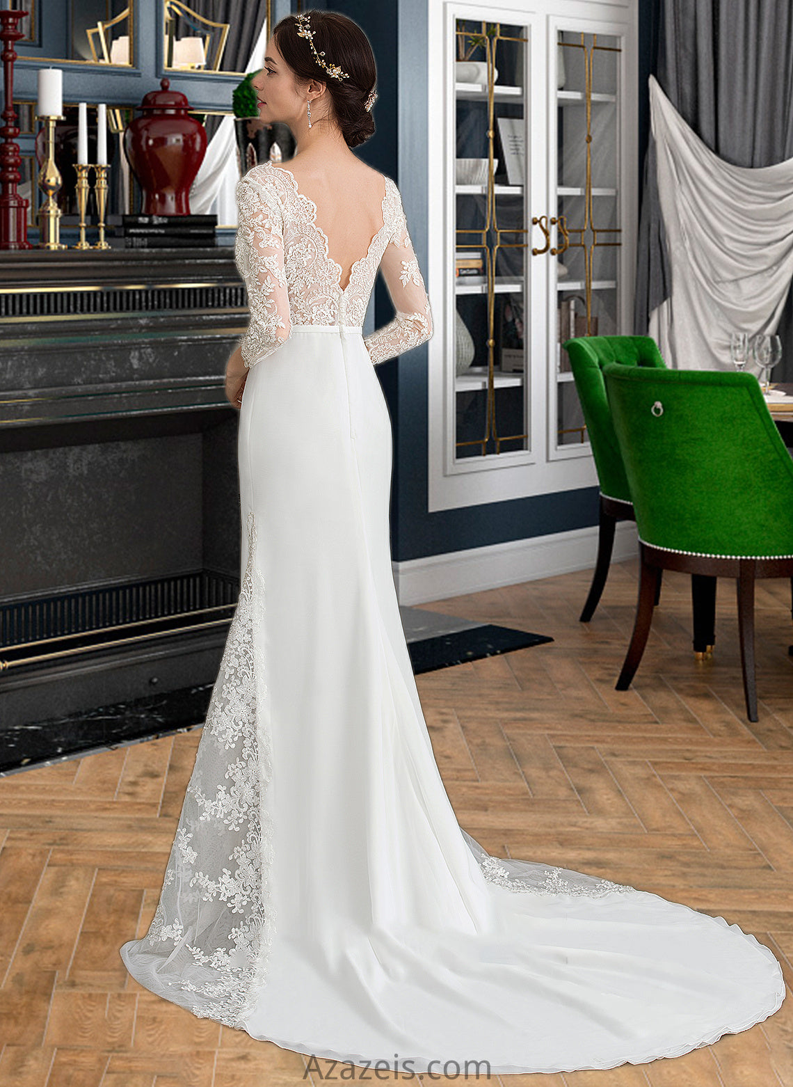 Yadira Trumpet/Mermaid V-neck Chapel Train Chiffon Wedding Dress With Beading Sequins DFP0013795