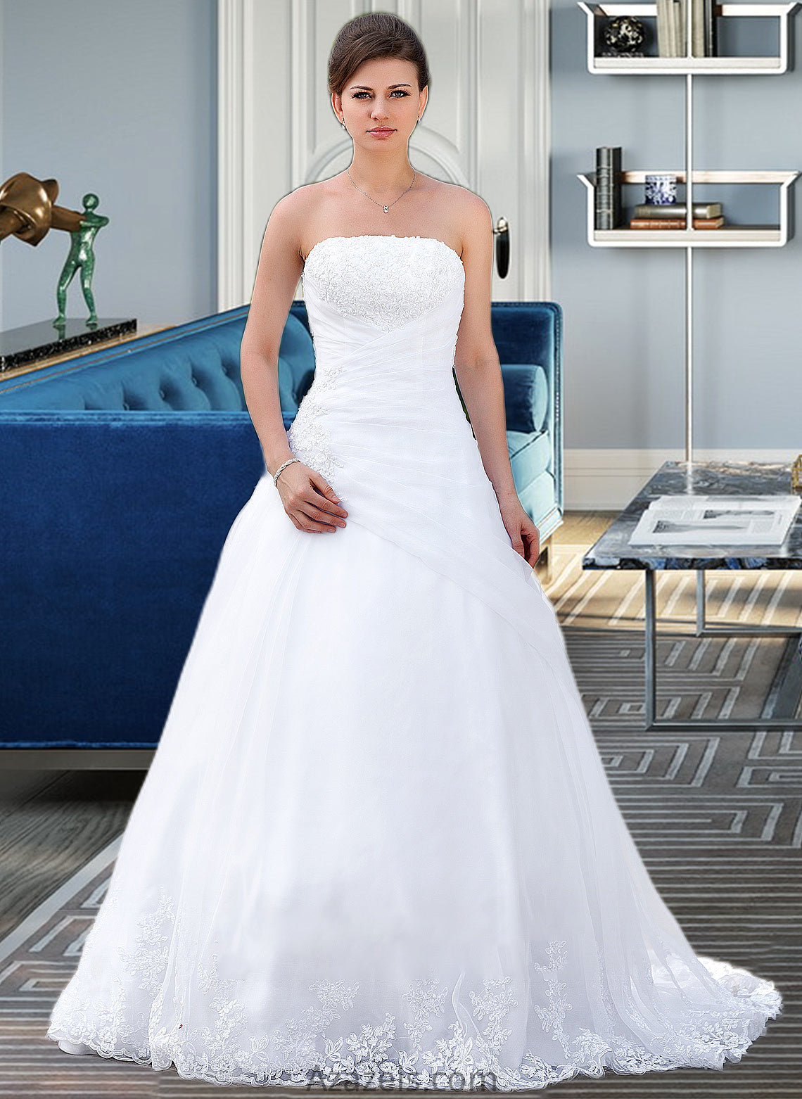 Gwen Ball-Gown/Princess Strapless Chapel Train Satin Organza Wedding Dress With Lace Beading DFP0013796