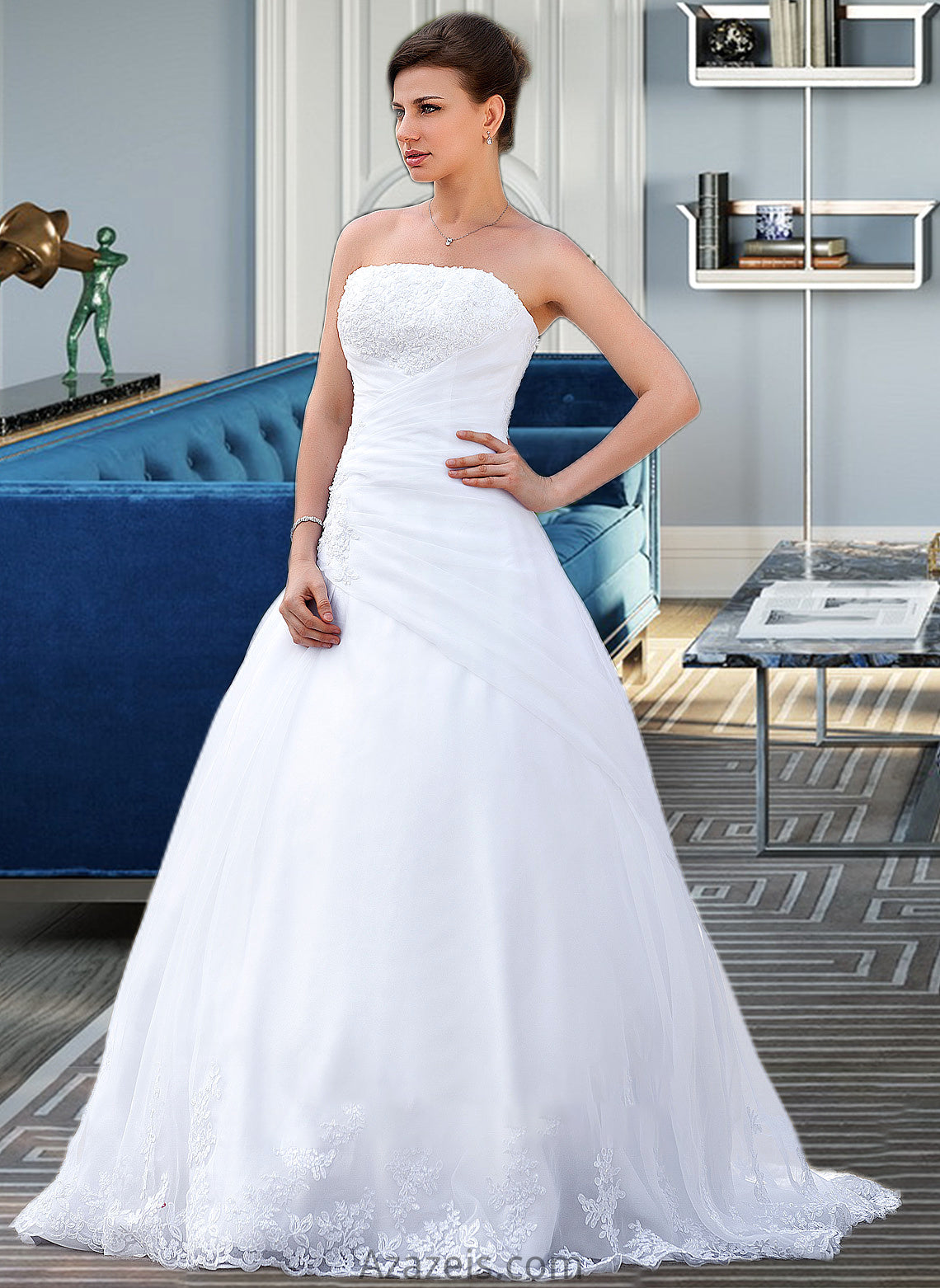 Gwen Ball-Gown/Princess Strapless Chapel Train Satin Organza Wedding Dress With Lace Beading DFP0013796