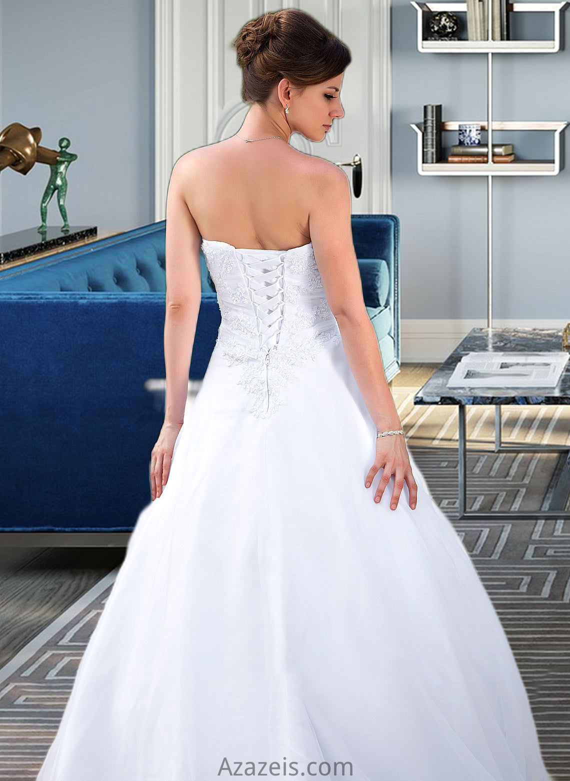 Gwen Ball-Gown/Princess Strapless Chapel Train Satin Organza Wedding Dress With Lace Beading DFP0013796