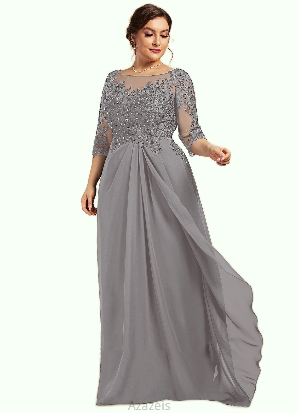 Genevieve A-Line Scoop Neck Floor-Length Chiffon Lace Mother of the Bride Dress With Beading Sequins Cascading Ruffles DF126P0014529