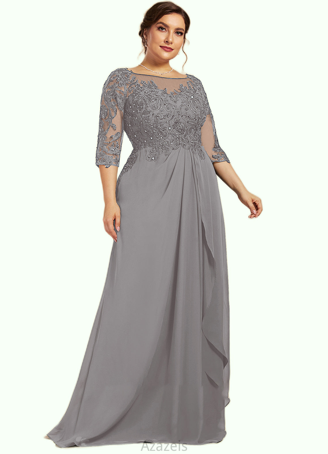 Genevieve A-Line Scoop Neck Floor-Length Chiffon Lace Mother of the Bride Dress With Beading Sequins Cascading Ruffles DF126P0014529