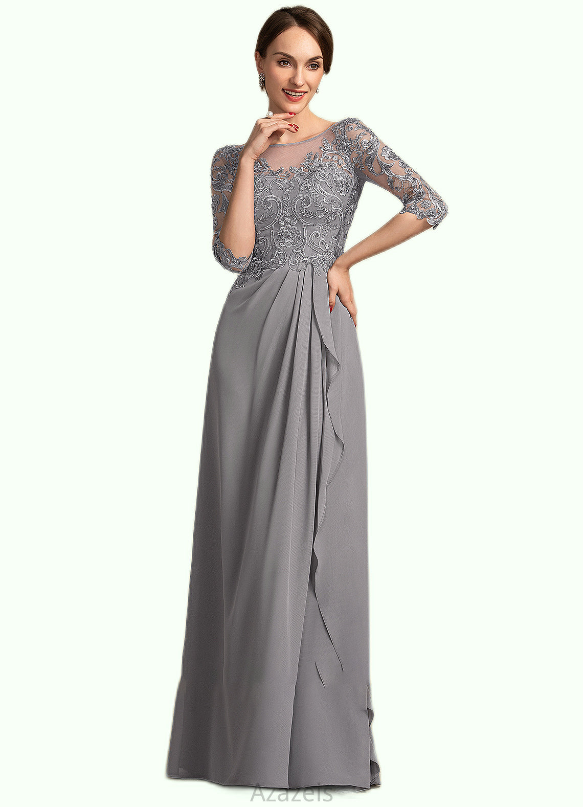 Genevieve A-Line Scoop Neck Floor-Length Chiffon Lace Mother of the Bride Dress With Beading Sequins Cascading Ruffles DF126P0014529