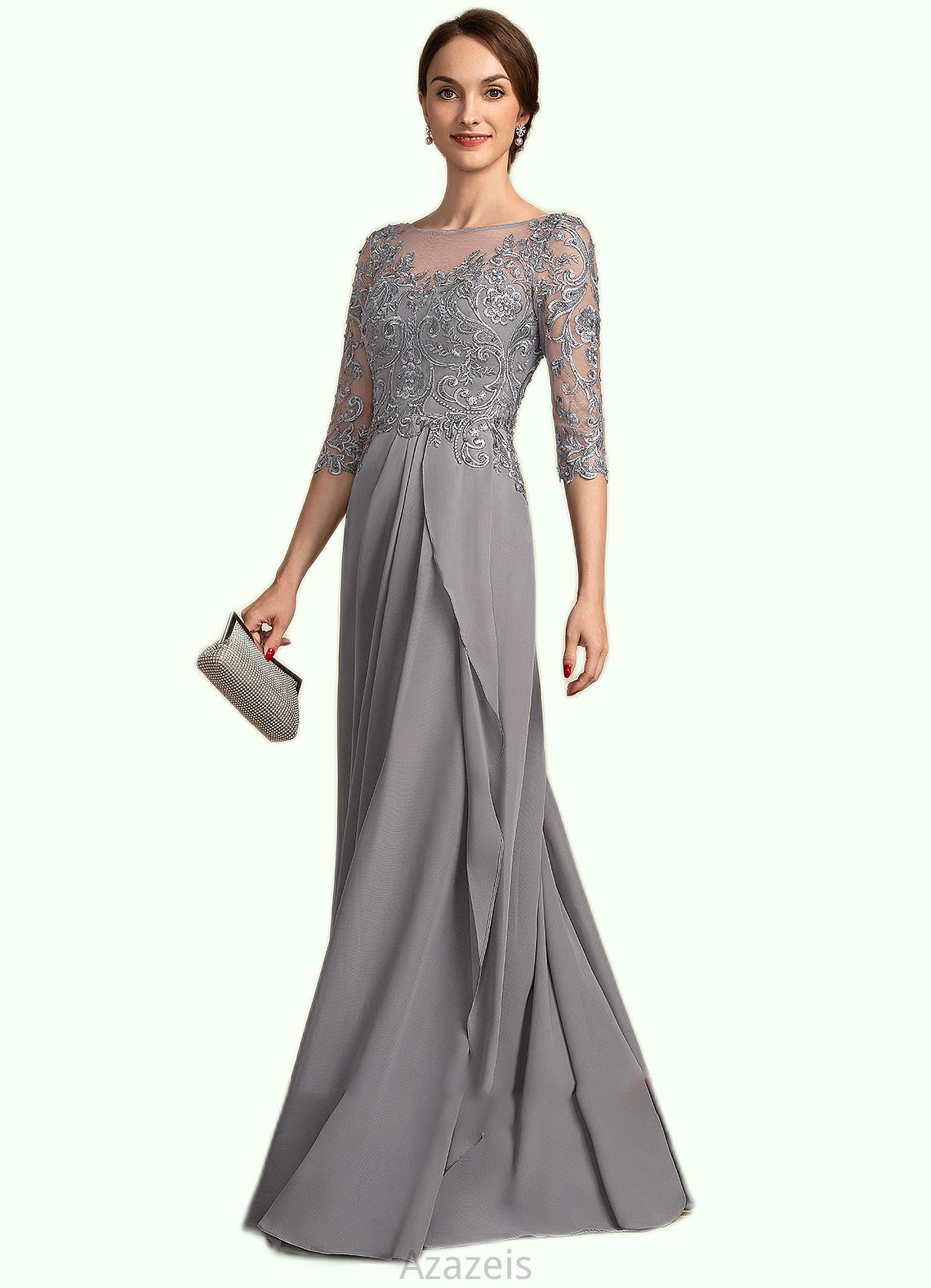 Genevieve A-Line Scoop Neck Floor-Length Chiffon Lace Mother of the Bride Dress With Beading Sequins Cascading Ruffles DF126P0014529