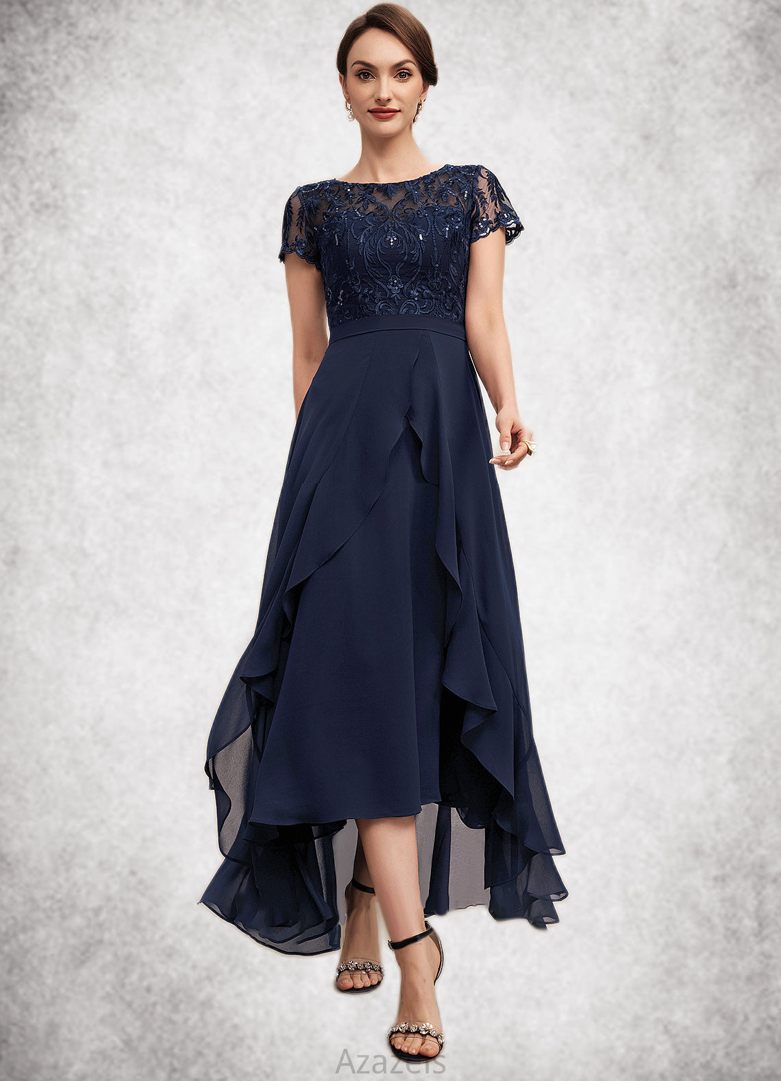 Janice A-Line Scoop Neck Asymmetrical Chiffon Lace Mother of the Bride Dress With Sequins Bow(s) Cascading Ruffles DF126P0014530