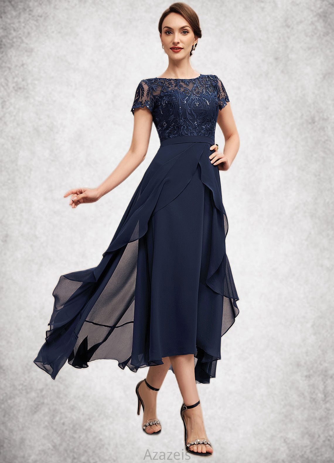 Janice A-Line Scoop Neck Asymmetrical Chiffon Lace Mother of the Bride Dress With Sequins Bow(s) Cascading Ruffles DF126P0014530