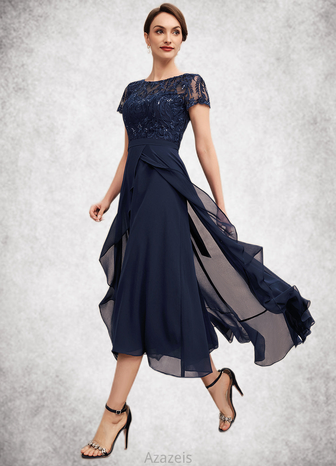 Janice A-Line Scoop Neck Asymmetrical Chiffon Lace Mother of the Bride Dress With Sequins Bow(s) Cascading Ruffles DF126P0014530