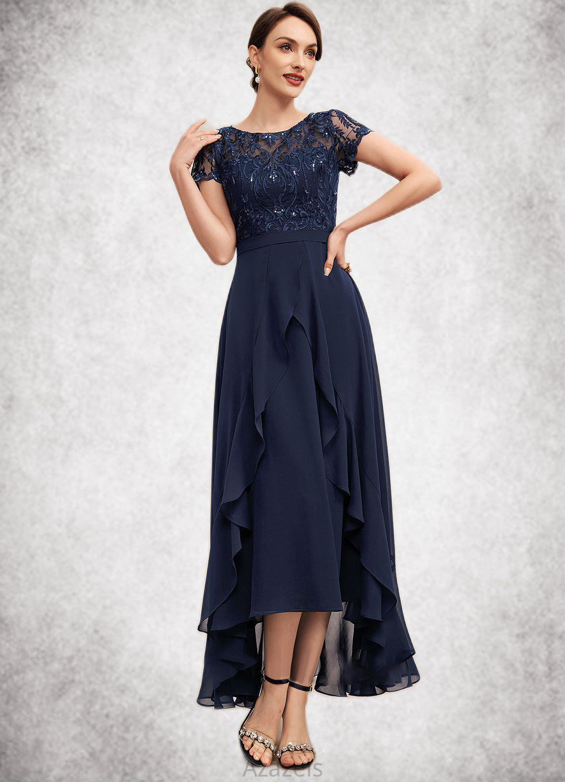 Janice A-Line Scoop Neck Asymmetrical Chiffon Lace Mother of the Bride Dress With Sequins Bow(s) Cascading Ruffles DF126P0014530