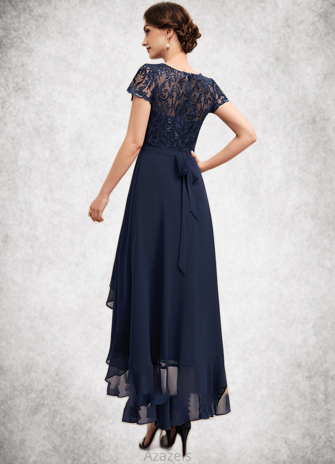 Janice A-Line Scoop Neck Asymmetrical Chiffon Lace Mother of the Bride Dress With Sequins Bow(s) Cascading Ruffles DF126P0014530