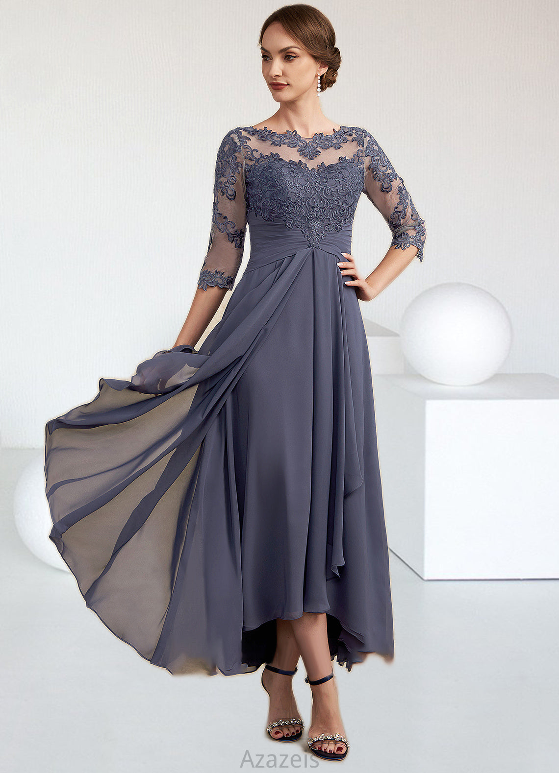 Layla A-Line Scoop Neck Asymmetrical Chiffon Lace Mother of the Bride Dress With Ruffle DF126P0014531