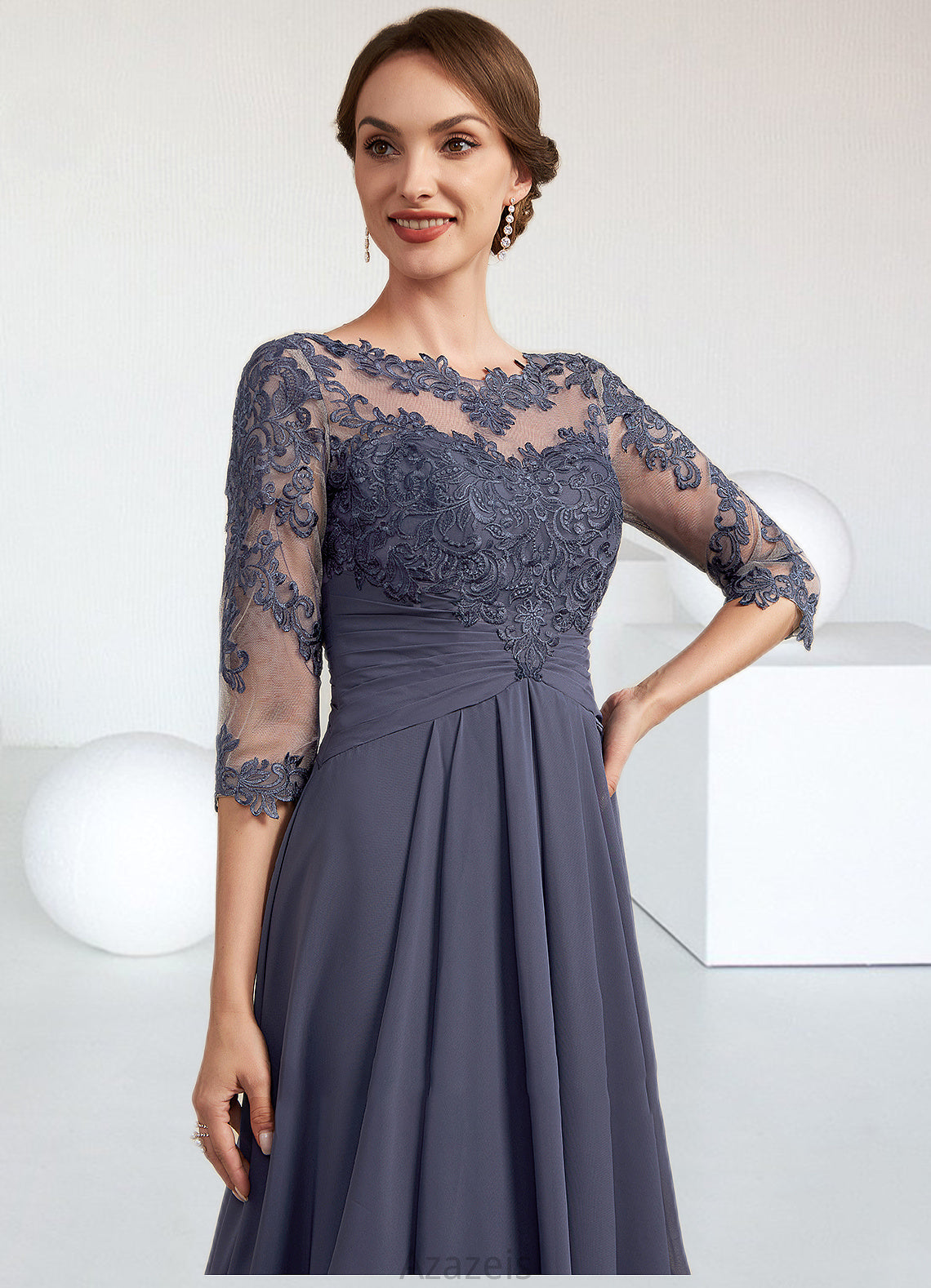 Layla A-Line Scoop Neck Asymmetrical Chiffon Lace Mother of the Bride Dress With Ruffle DF126P0014531