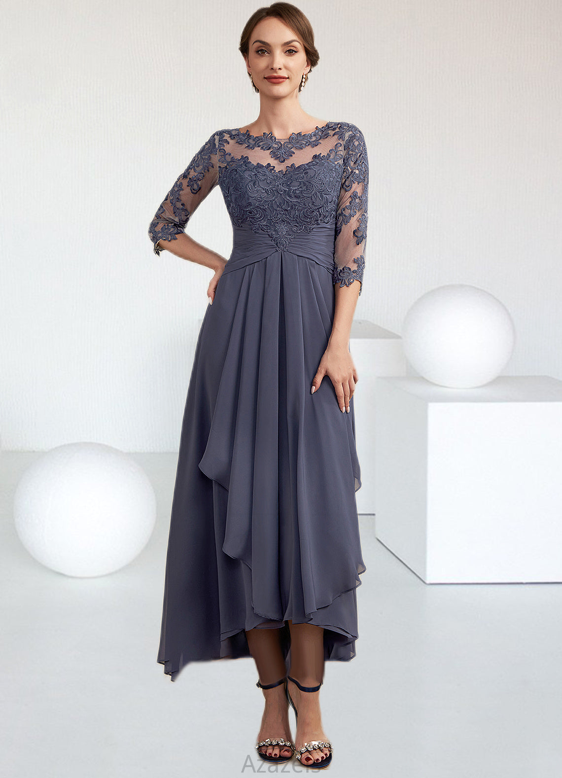 Layla A-Line Scoop Neck Asymmetrical Chiffon Lace Mother of the Bride Dress With Ruffle DF126P0014531