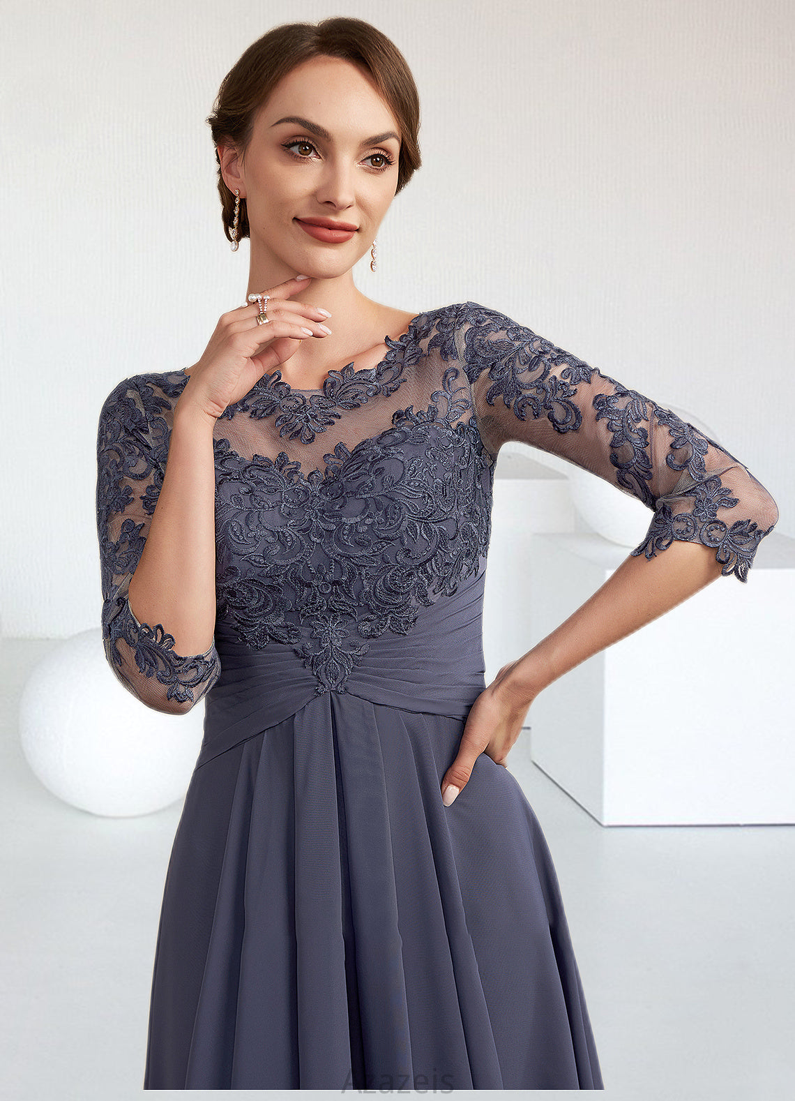 Layla A-Line Scoop Neck Asymmetrical Chiffon Lace Mother of the Bride Dress With Ruffle DF126P0014531