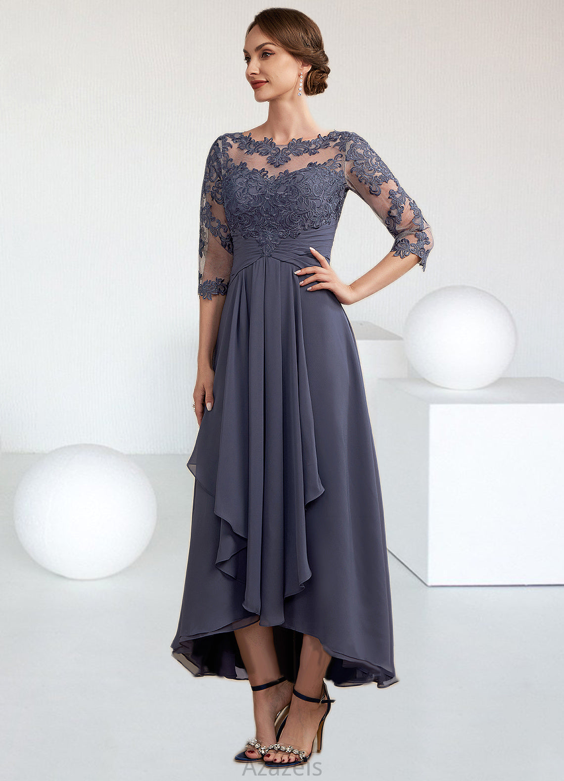 Layla A-Line Scoop Neck Asymmetrical Chiffon Lace Mother of the Bride Dress With Ruffle DF126P0014531