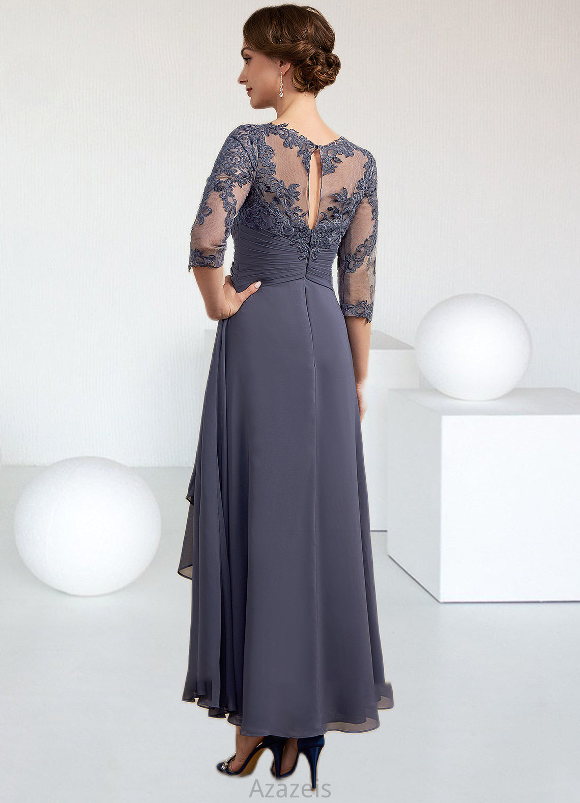 Layla A-Line Scoop Neck Asymmetrical Chiffon Lace Mother of the Bride Dress With Ruffle DF126P0014531