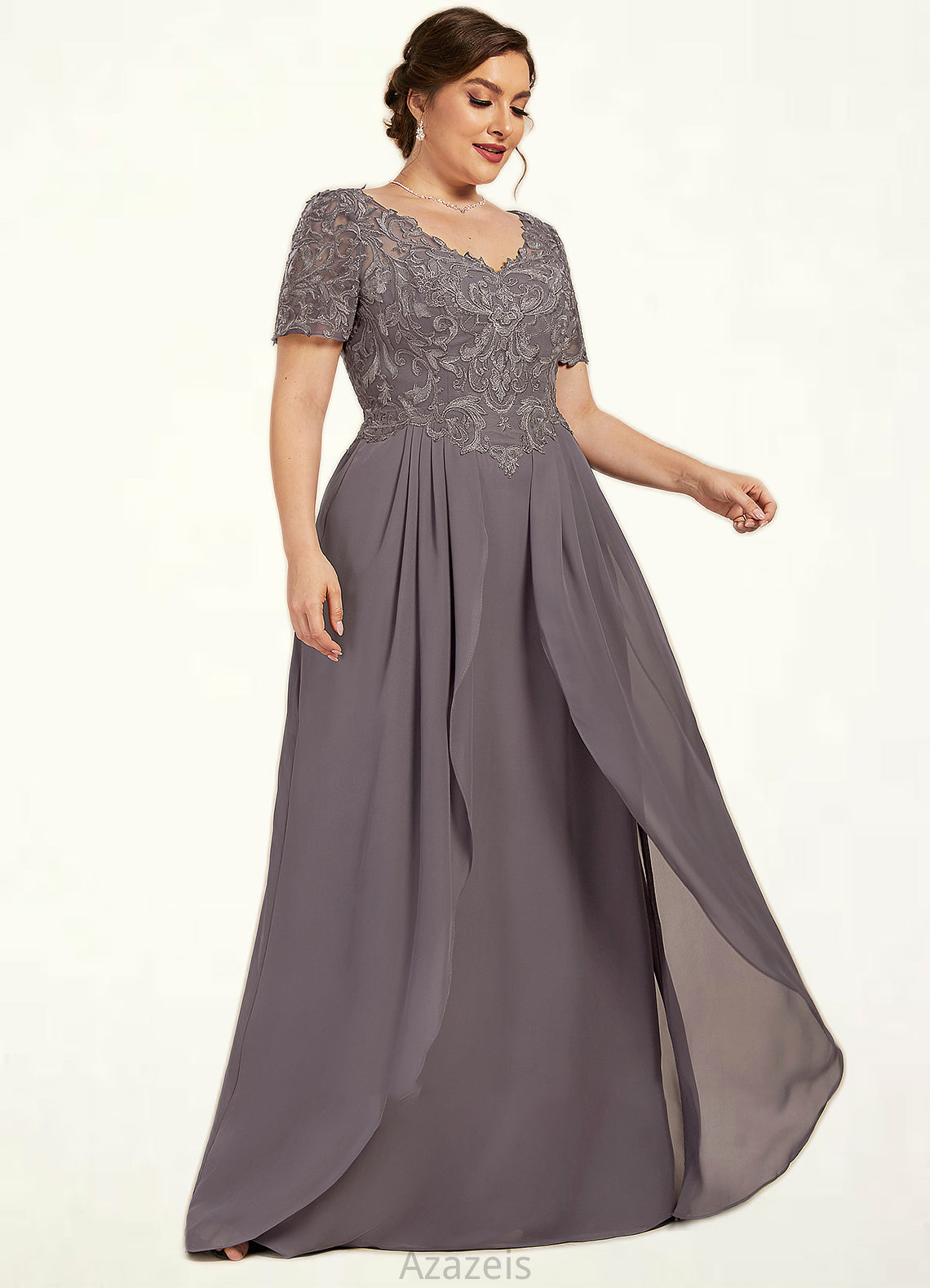 Ximena A-line V-Neck Floor-Length Chiffon Lace Mother of the Bride Dress DF126P0014532