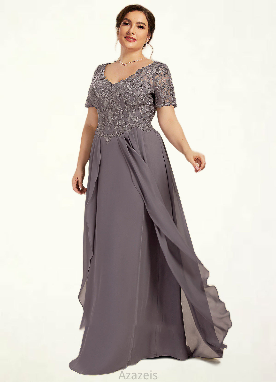 Ximena A-line V-Neck Floor-Length Chiffon Lace Mother of the Bride Dress DF126P0014532