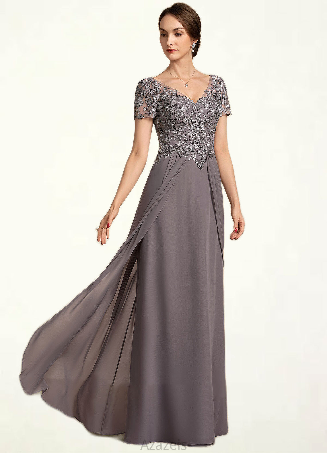 Ximena A-line V-Neck Floor-Length Chiffon Lace Mother of the Bride Dress DF126P0014532