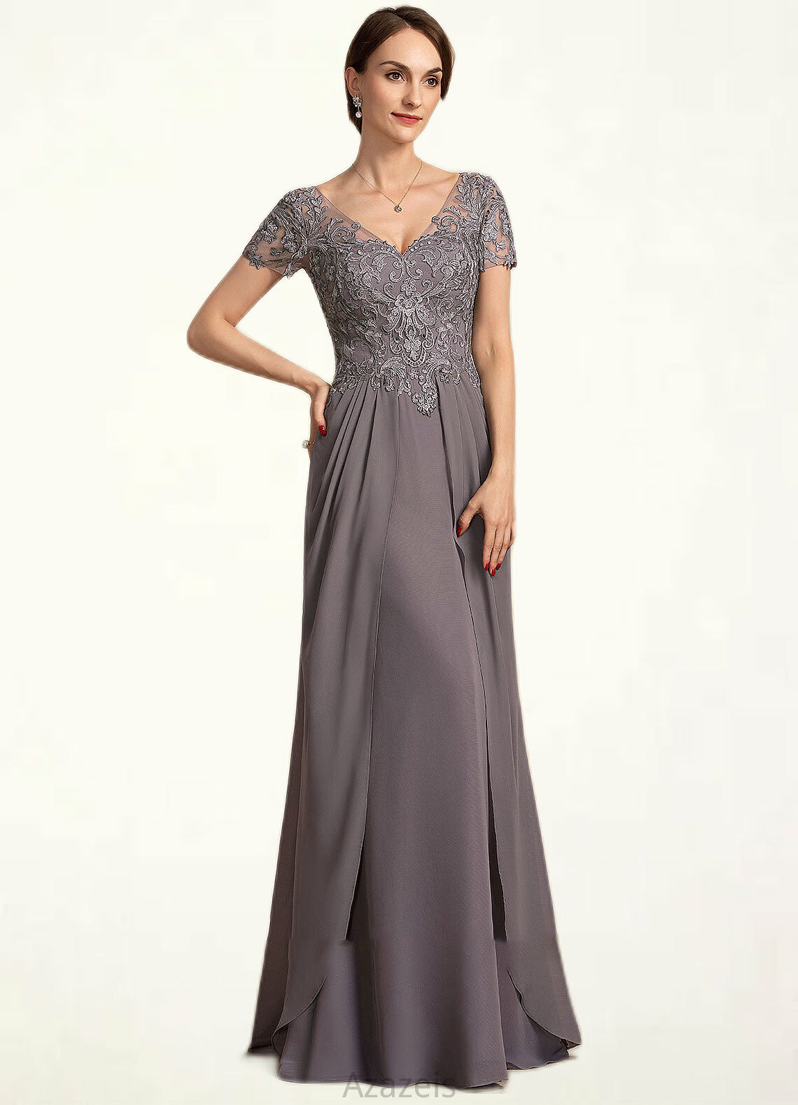 Ximena A-line V-Neck Floor-Length Chiffon Lace Mother of the Bride Dress DF126P0014532