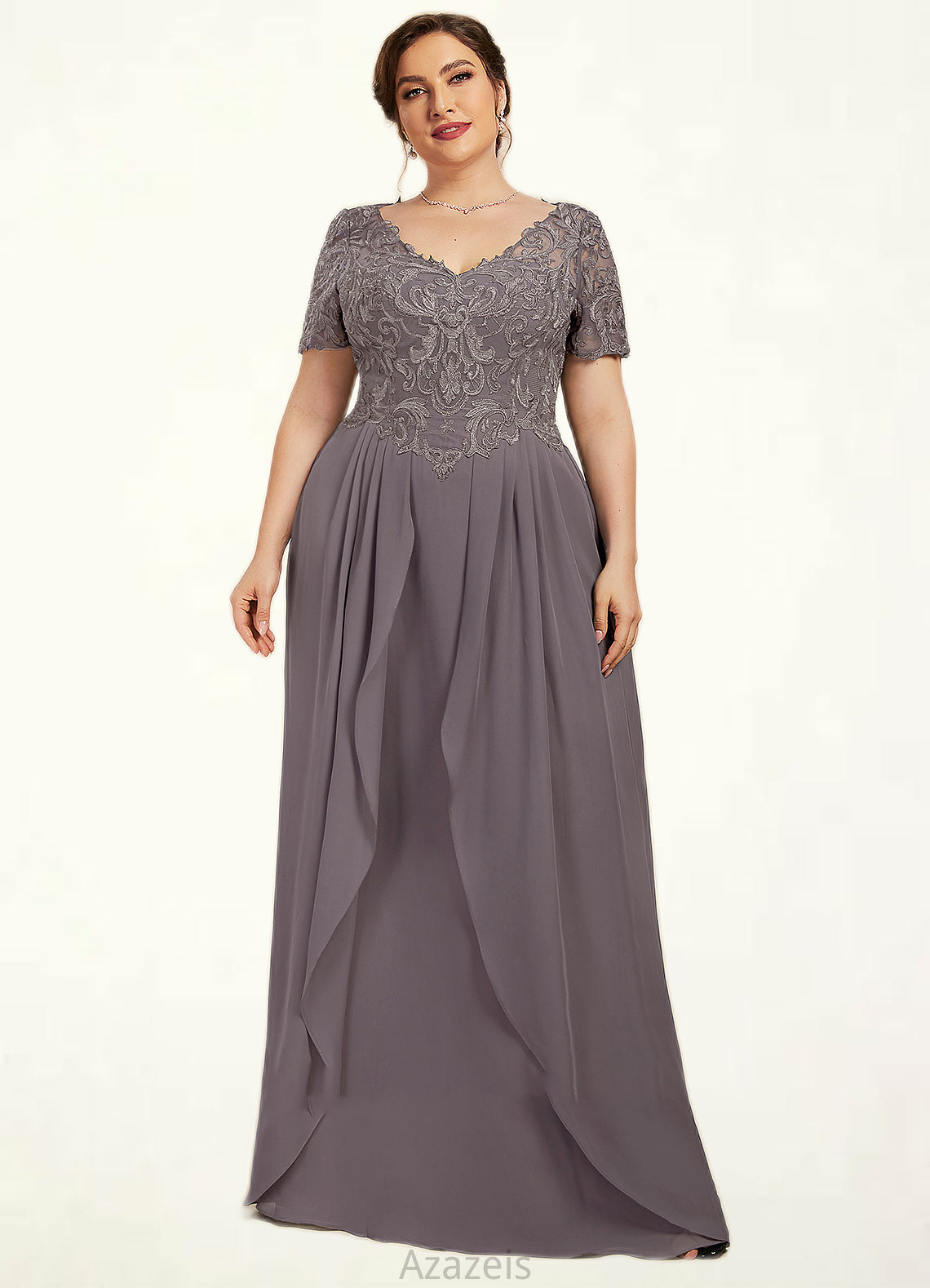 Ximena A-line V-Neck Floor-Length Chiffon Lace Mother of the Bride Dress DF126P0014532