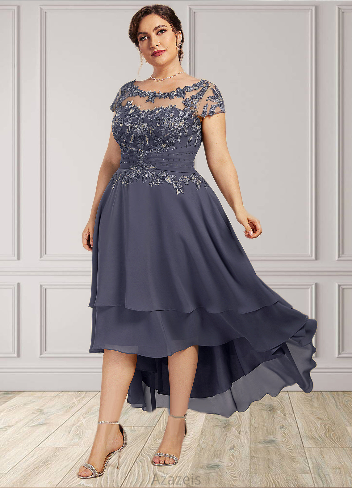 Jacey A-Line Scoop Neck Asymmetrical Chiffon Lace Mother of the Bride Dress With Beading DF126P0014534