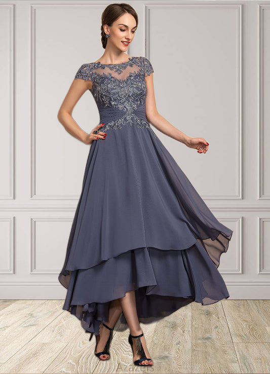 Jacey A-Line Scoop Neck Asymmetrical Chiffon Lace Mother of the Bride Dress With Beading DF126P0014534