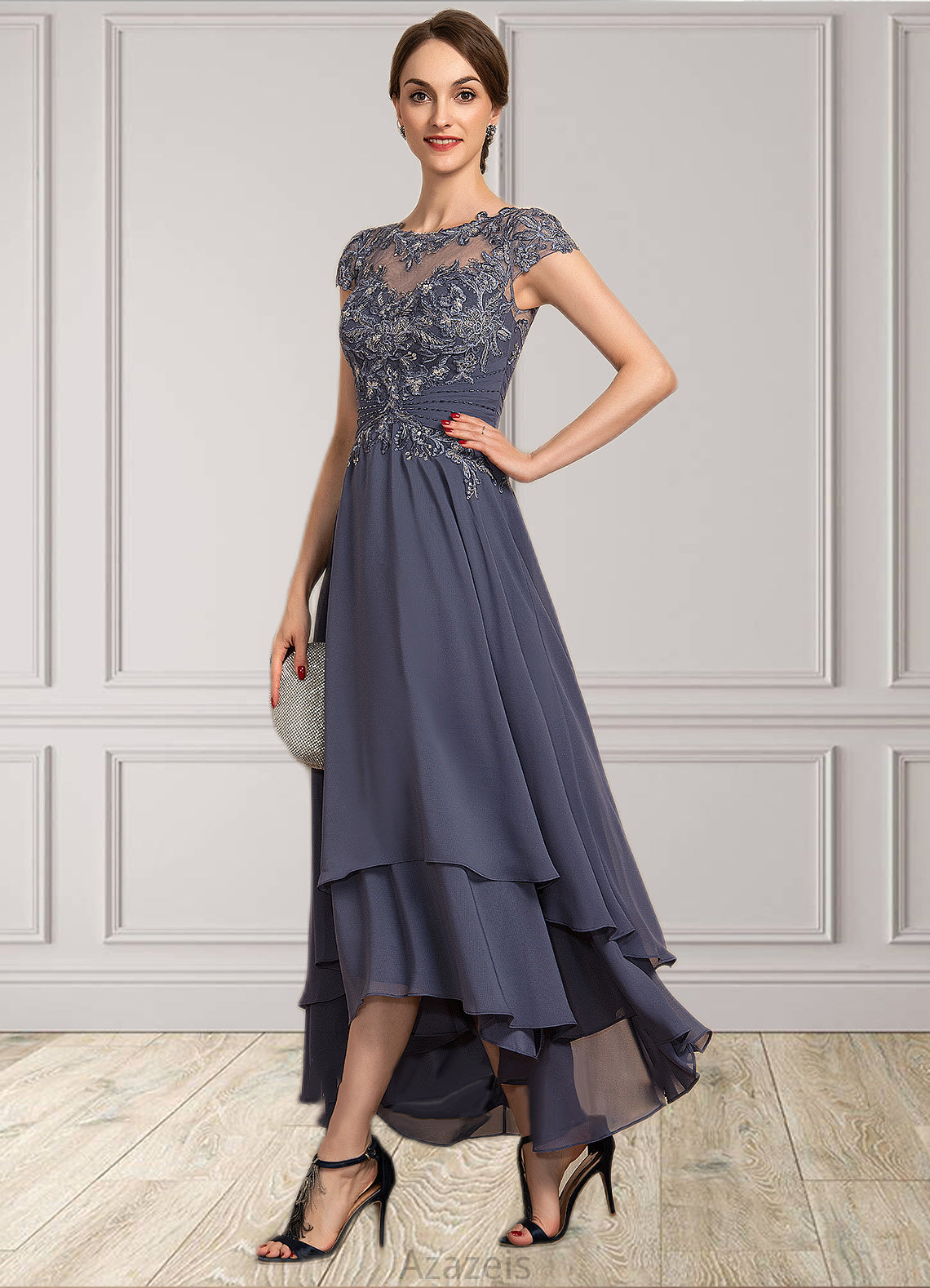 Jacey A-Line Scoop Neck Asymmetrical Chiffon Lace Mother of the Bride Dress With Beading DF126P0014534