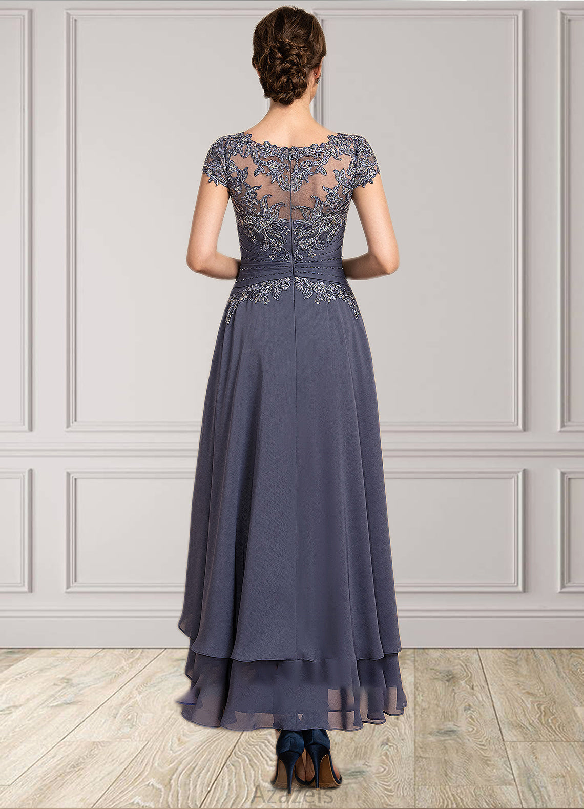 Jacey A-Line Scoop Neck Asymmetrical Chiffon Lace Mother of the Bride Dress With Beading DF126P0014534