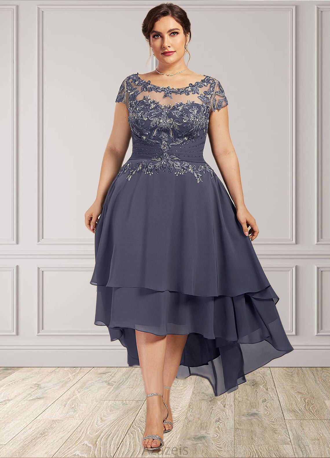 Jacey A-Line Scoop Neck Asymmetrical Chiffon Lace Mother of the Bride Dress With Beading DF126P0014534