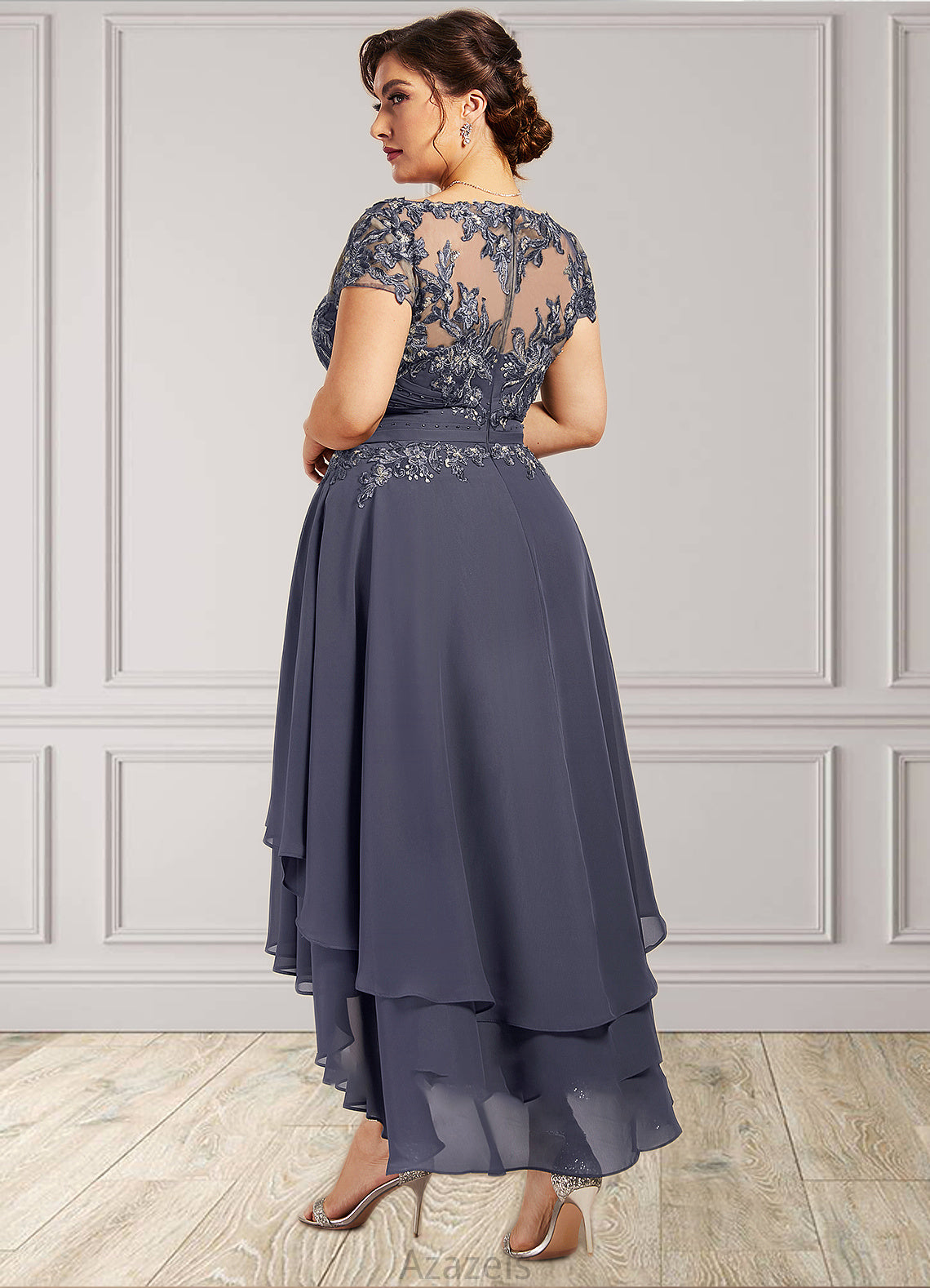 Jacey A-Line Scoop Neck Asymmetrical Chiffon Lace Mother of the Bride Dress With Beading DF126P0014534