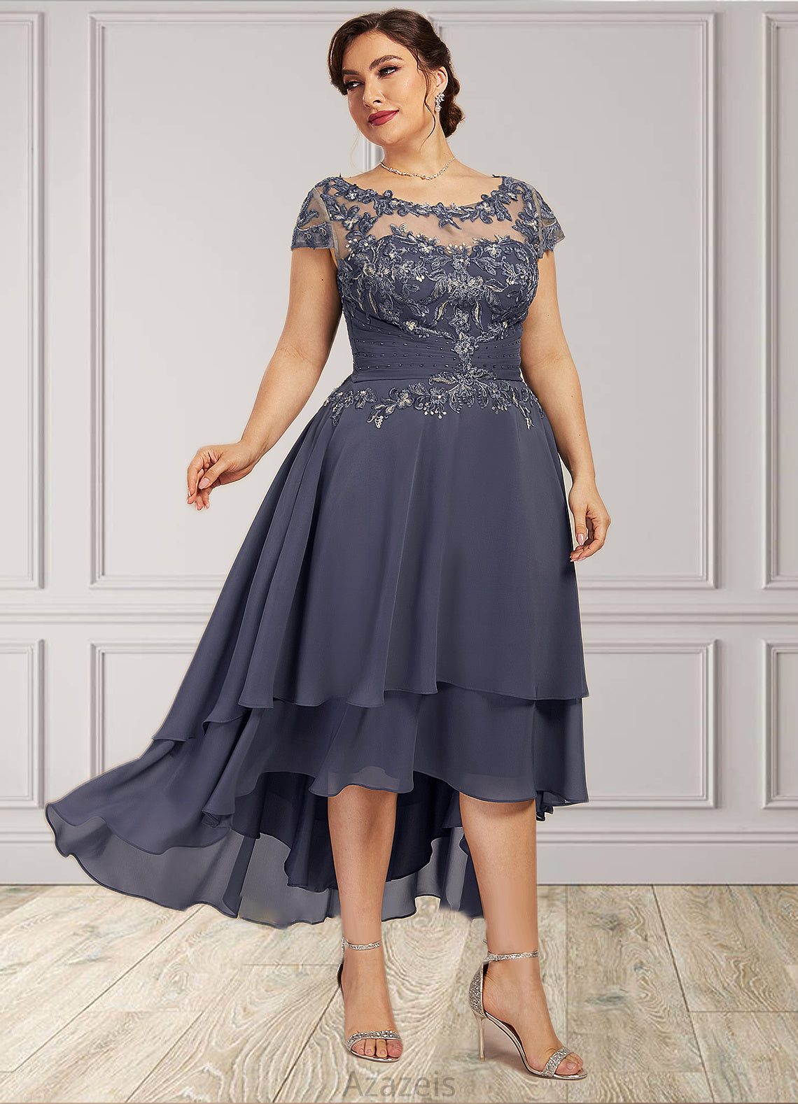 Jacey A-Line Scoop Neck Asymmetrical Chiffon Lace Mother of the Bride Dress With Beading DF126P0014534