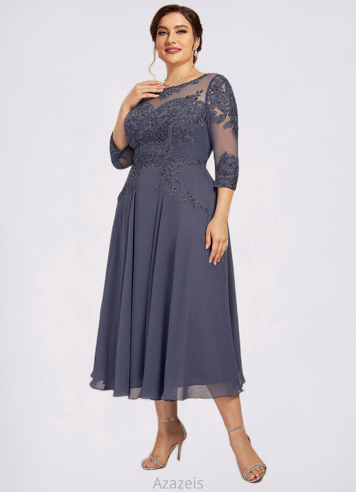 Bianca A-Line Scoop Neck Tea-Length Chiffon Lace Mother of the Bride Dress With Beading Sequins DF126P0014535