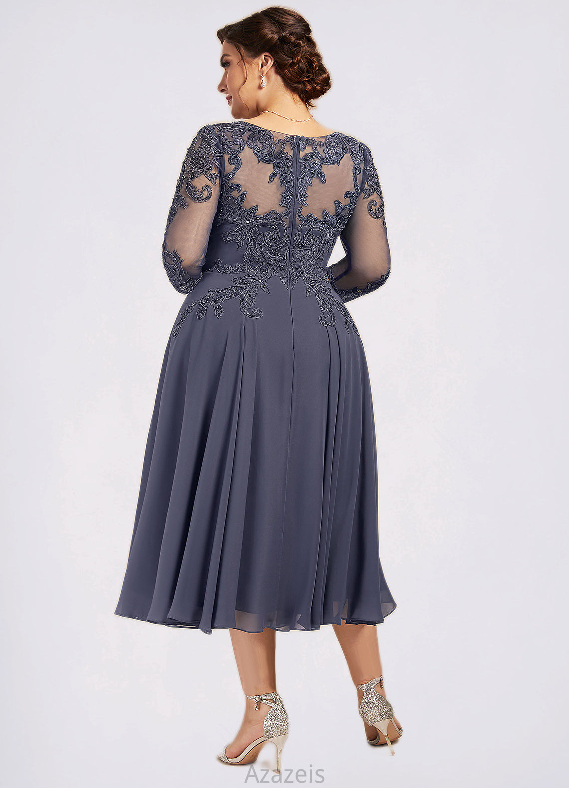 Bianca A-Line Scoop Neck Tea-Length Chiffon Lace Mother of the Bride Dress With Beading Sequins DF126P0014535