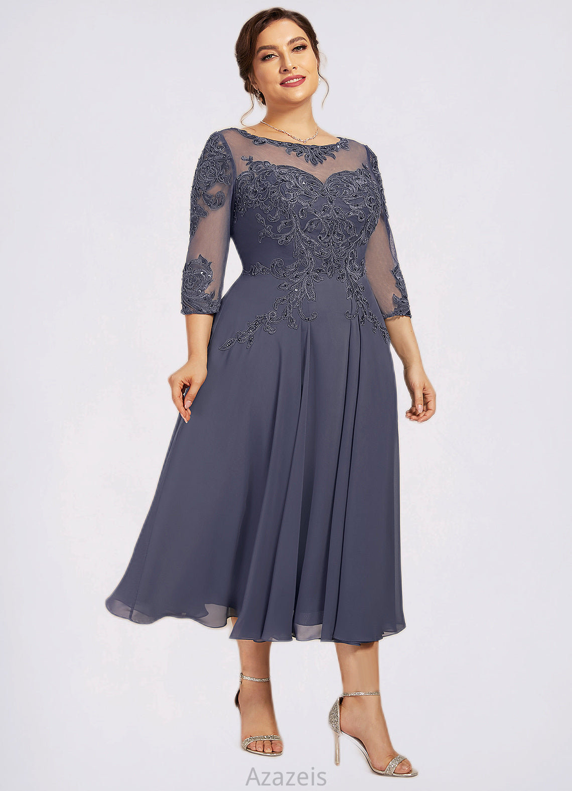 Bianca A-Line Scoop Neck Tea-Length Chiffon Lace Mother of the Bride Dress With Beading Sequins DF126P0014535