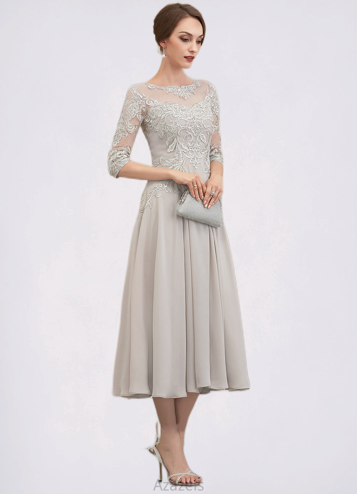 Bianca A-Line Scoop Neck Tea-Length Chiffon Lace Mother of the Bride Dress With Beading Sequins DF126P0014535