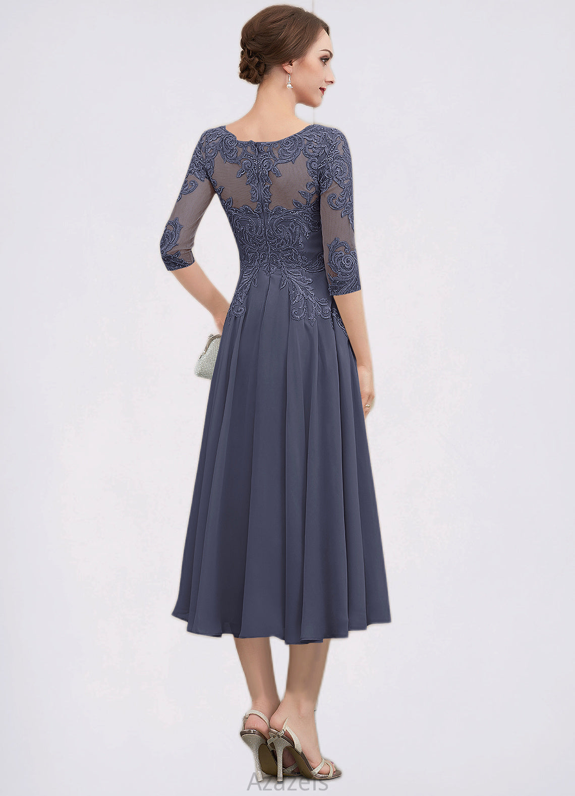 Bianca A-Line Scoop Neck Tea-Length Chiffon Lace Mother of the Bride Dress With Beading Sequins DF126P0014535