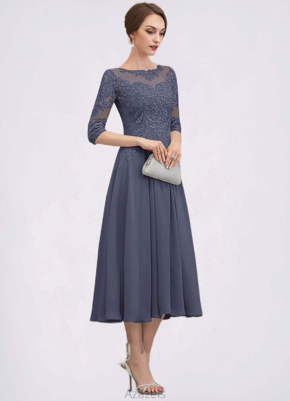 Bianca A-Line Scoop Neck Tea-Length Chiffon Lace Mother of the Bride Dress With Beading Sequins DF126P0014535