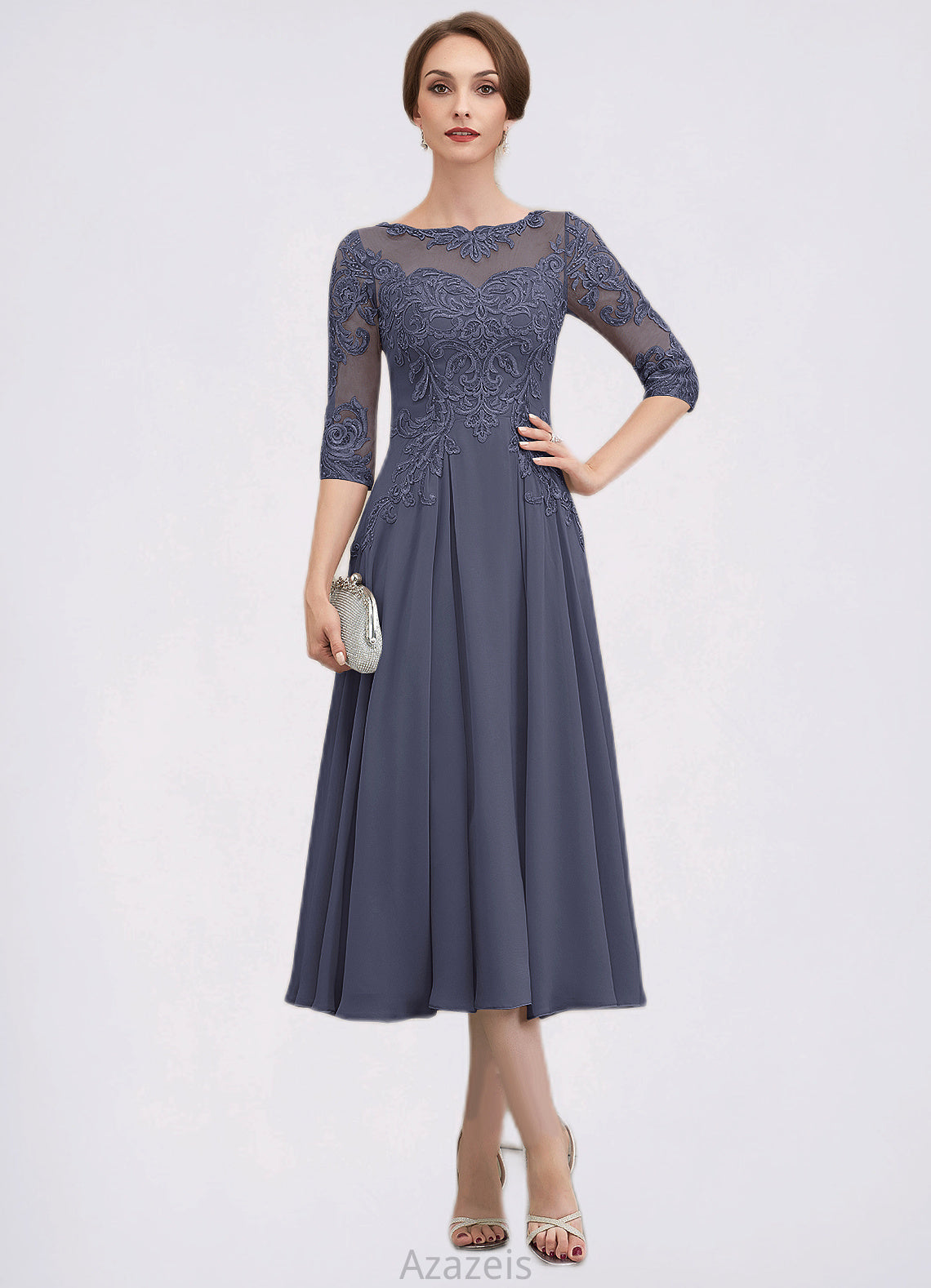 Bianca A-Line Scoop Neck Tea-Length Chiffon Lace Mother of the Bride Dress With Beading Sequins DF126P0014535