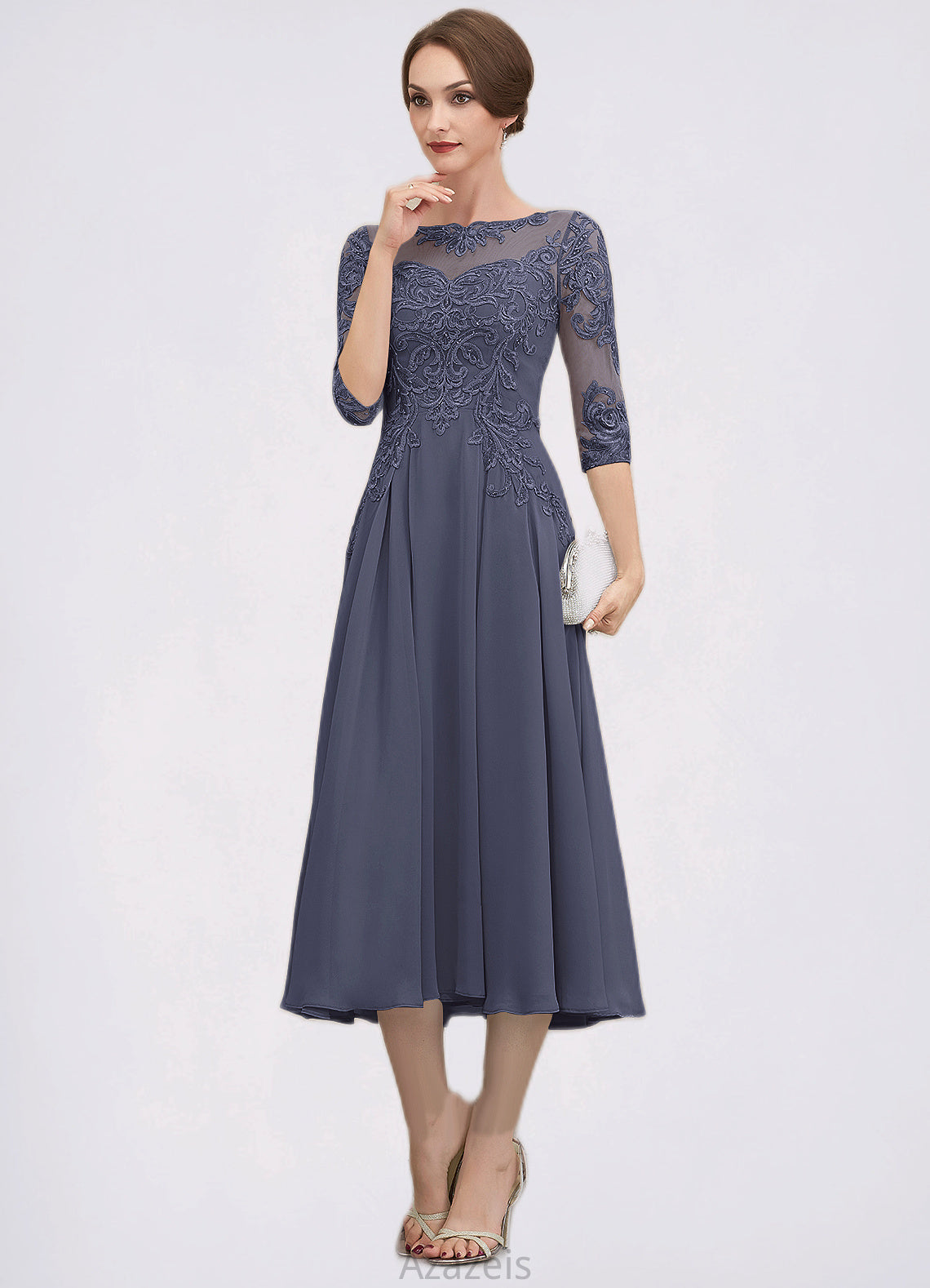 Bianca A-Line Scoop Neck Tea-Length Chiffon Lace Mother of the Bride Dress With Beading Sequins DF126P0014535