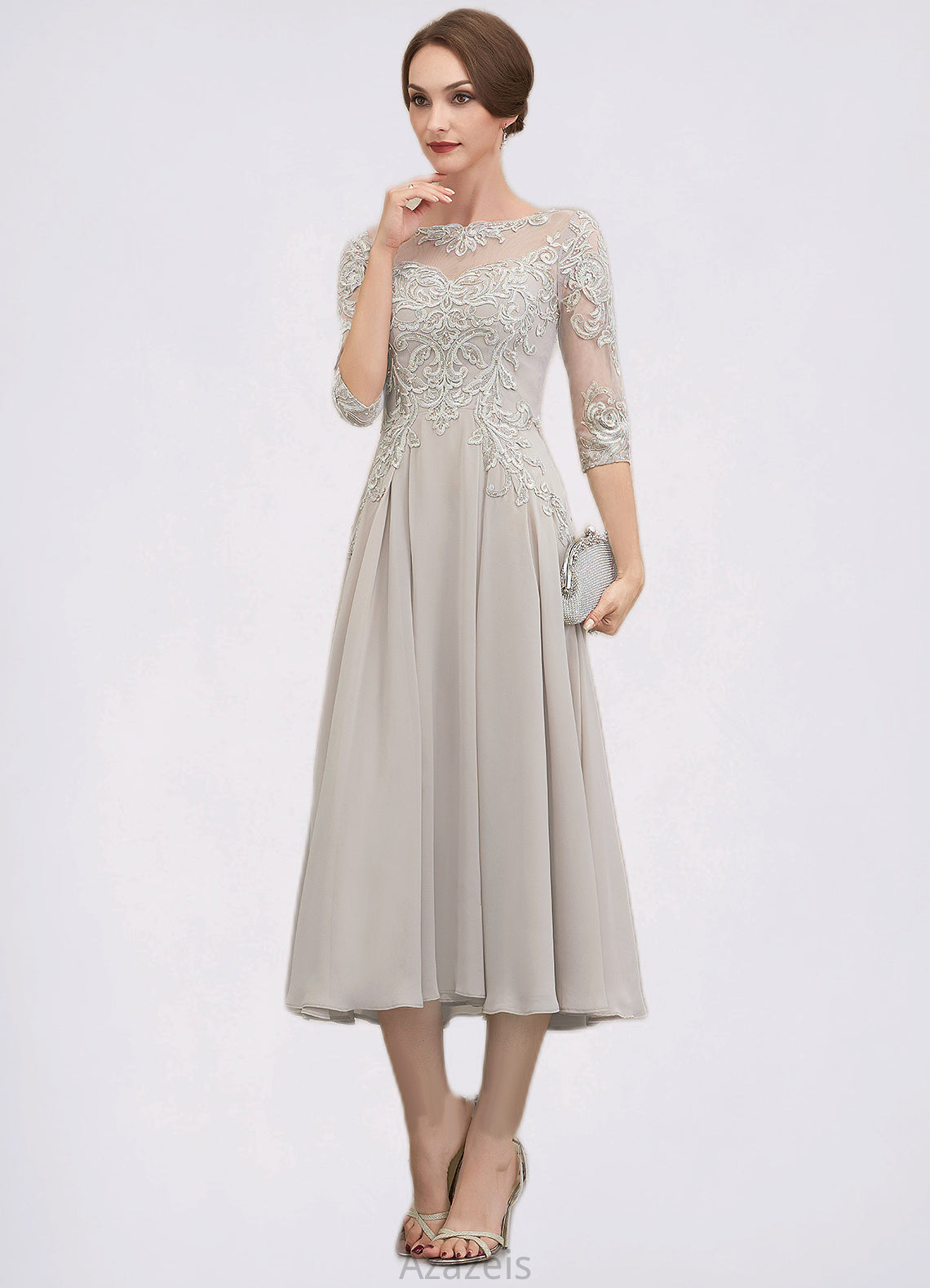 Bianca A-Line Scoop Neck Tea-Length Chiffon Lace Mother of the Bride Dress With Beading Sequins DF126P0014535