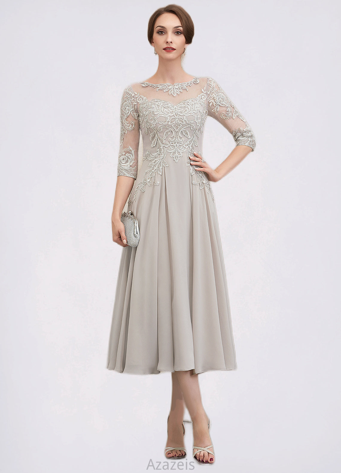 Bianca A-Line Scoop Neck Tea-Length Chiffon Lace Mother of the Bride Dress With Beading Sequins DF126P0014535