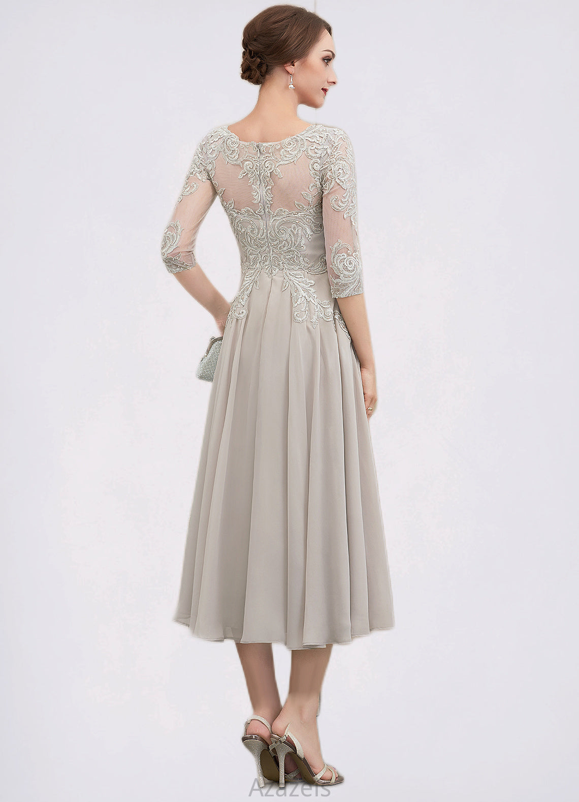 Bianca A-Line Scoop Neck Tea-Length Chiffon Lace Mother of the Bride Dress With Beading Sequins DF126P0014535