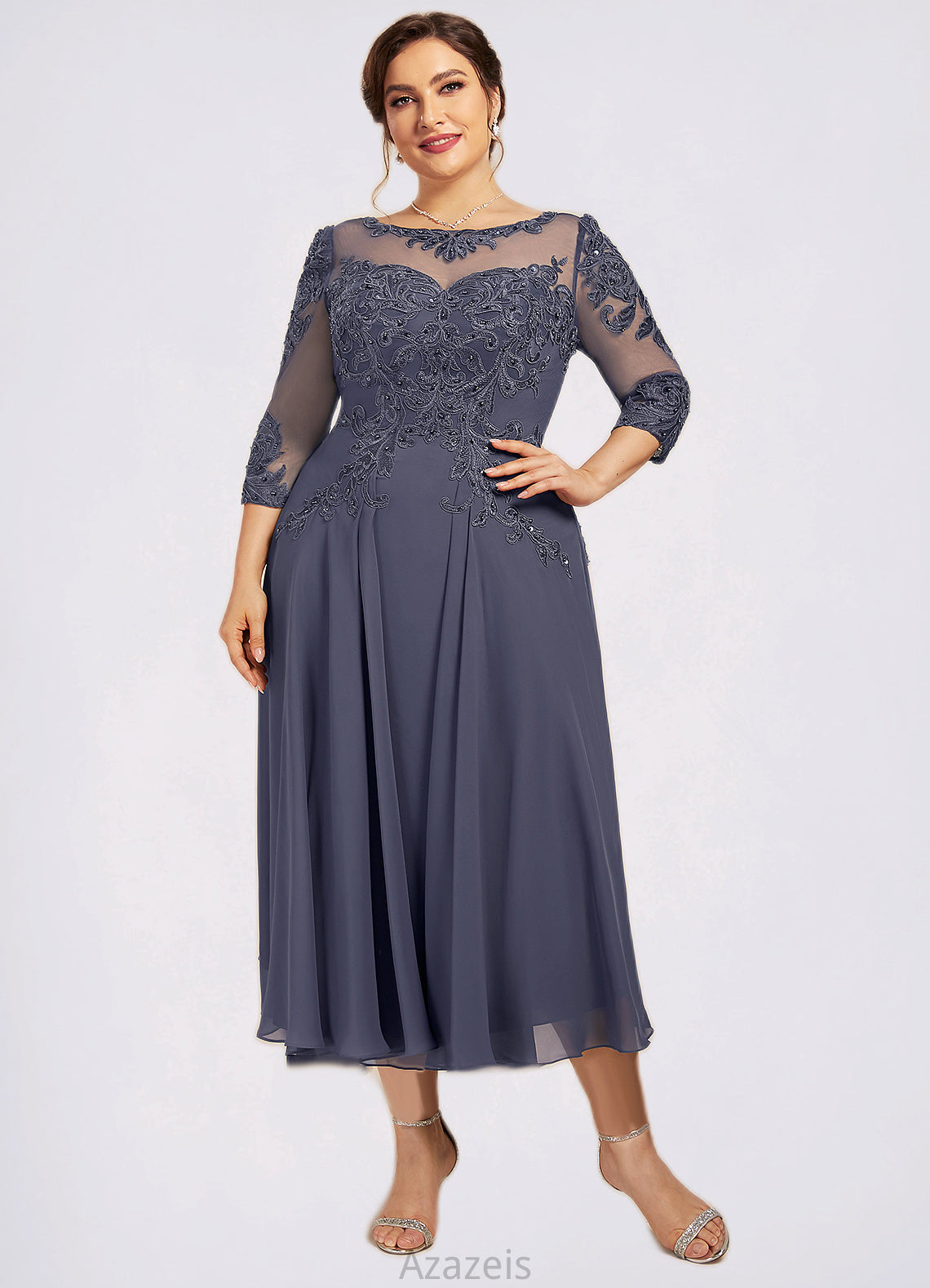 Bianca A-Line Scoop Neck Tea-Length Chiffon Lace Mother of the Bride Dress With Beading Sequins DF126P0014535