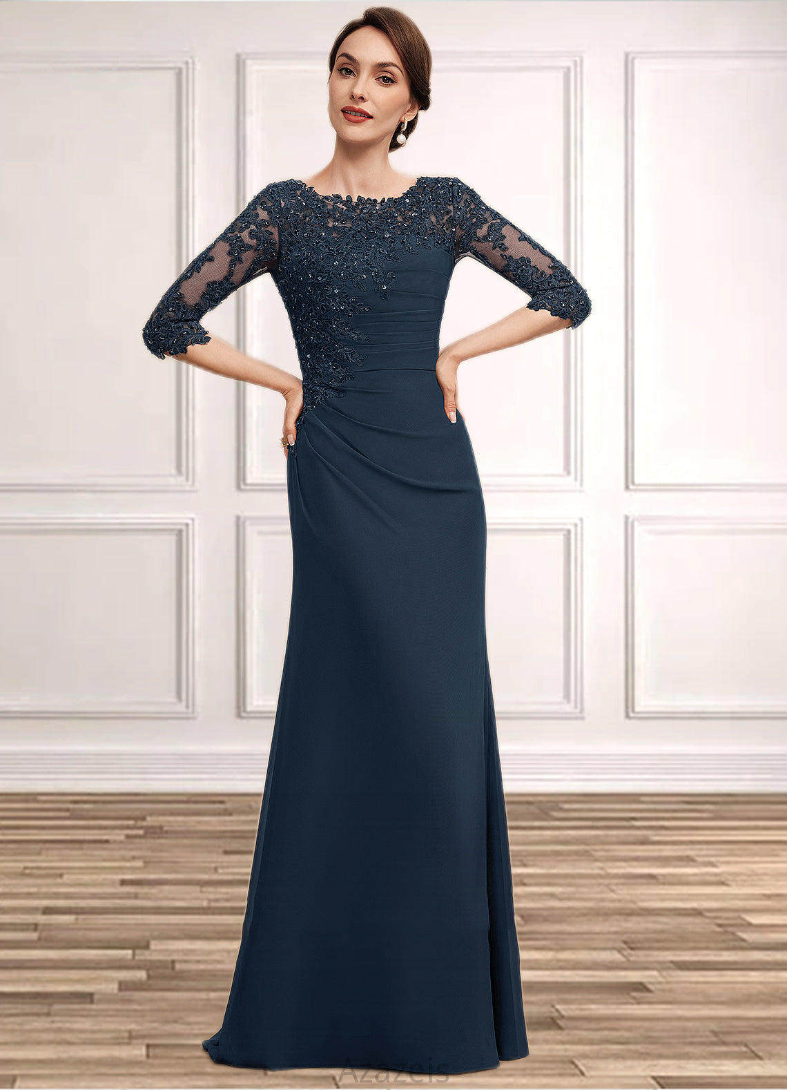 Elva A-Line Scoop Neck Floor-Length Chiffon Lace Mother of the Bride Dress With Ruffle Beading Sequins DF126P0014536