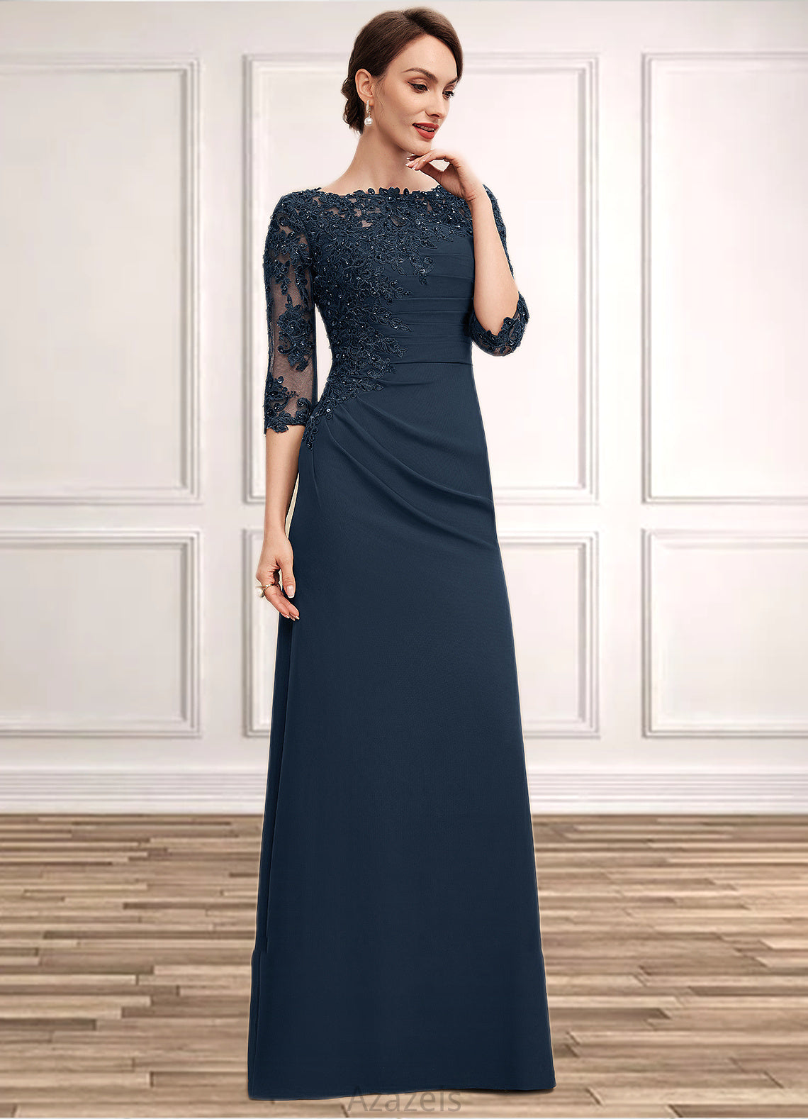 Elva A-Line Scoop Neck Floor-Length Chiffon Lace Mother of the Bride Dress With Ruffle Beading Sequins DF126P0014536