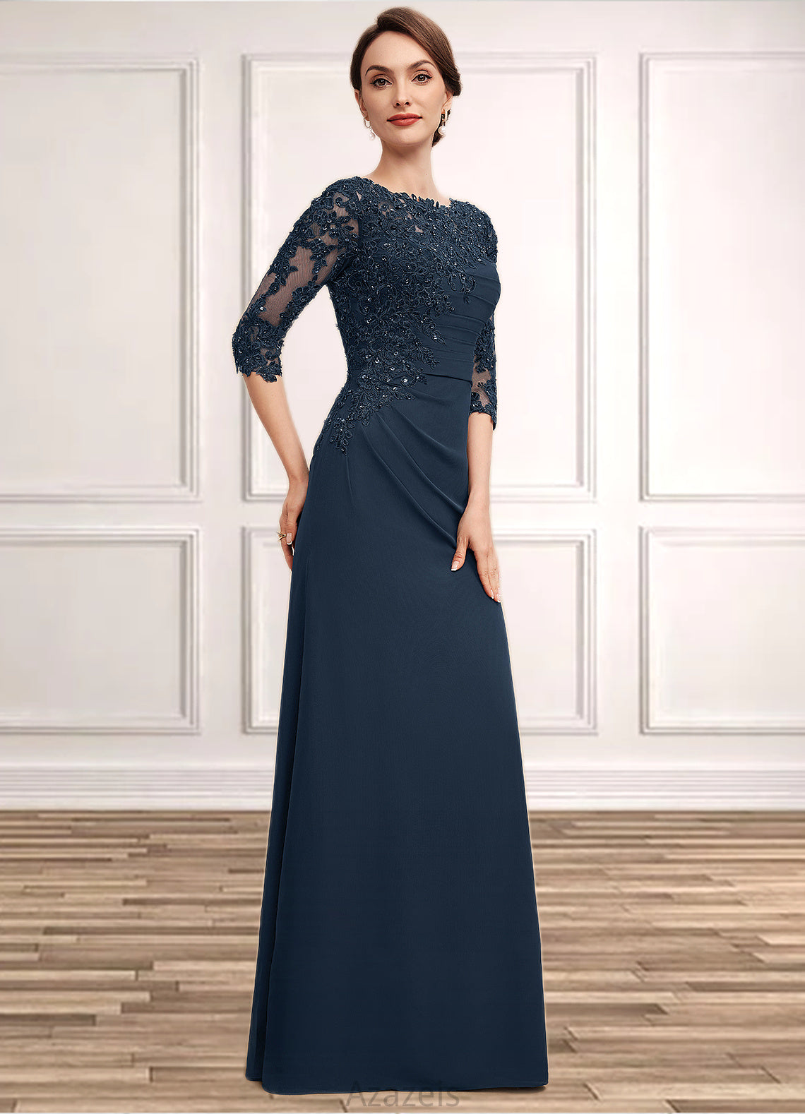 Elva A-Line Scoop Neck Floor-Length Chiffon Lace Mother of the Bride Dress With Ruffle Beading Sequins DF126P0014536