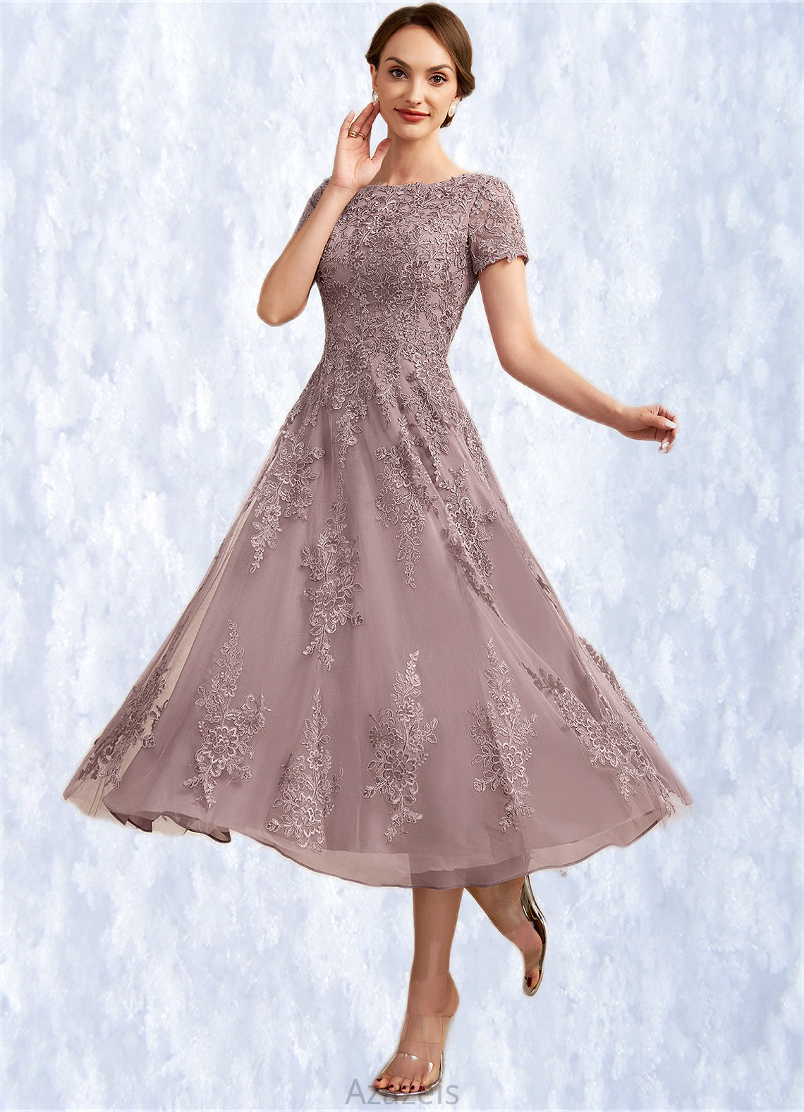 Scarlett A-Line Scoop Neck Tea-Length Tulle Lace Mother of the Bride Dress DF126P0014538